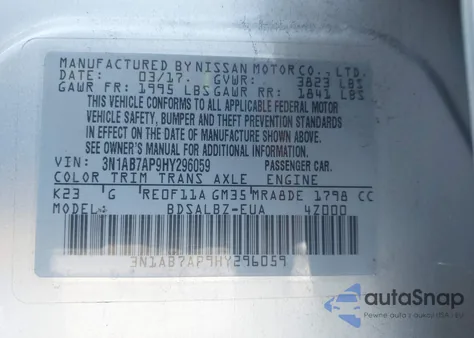 2017 Nissan Sentra S z USA, uszkodzony, nr VIN 3N1AB7AP9HY296059